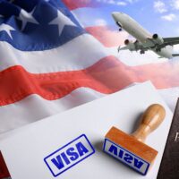 Getting visa. Double exposure of airplane in sky and USA flag