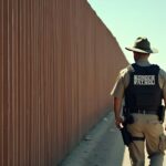 Border patrol officers walking along a corrugated wall border