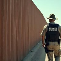 Border patrol officers walking along a corrugated wall border